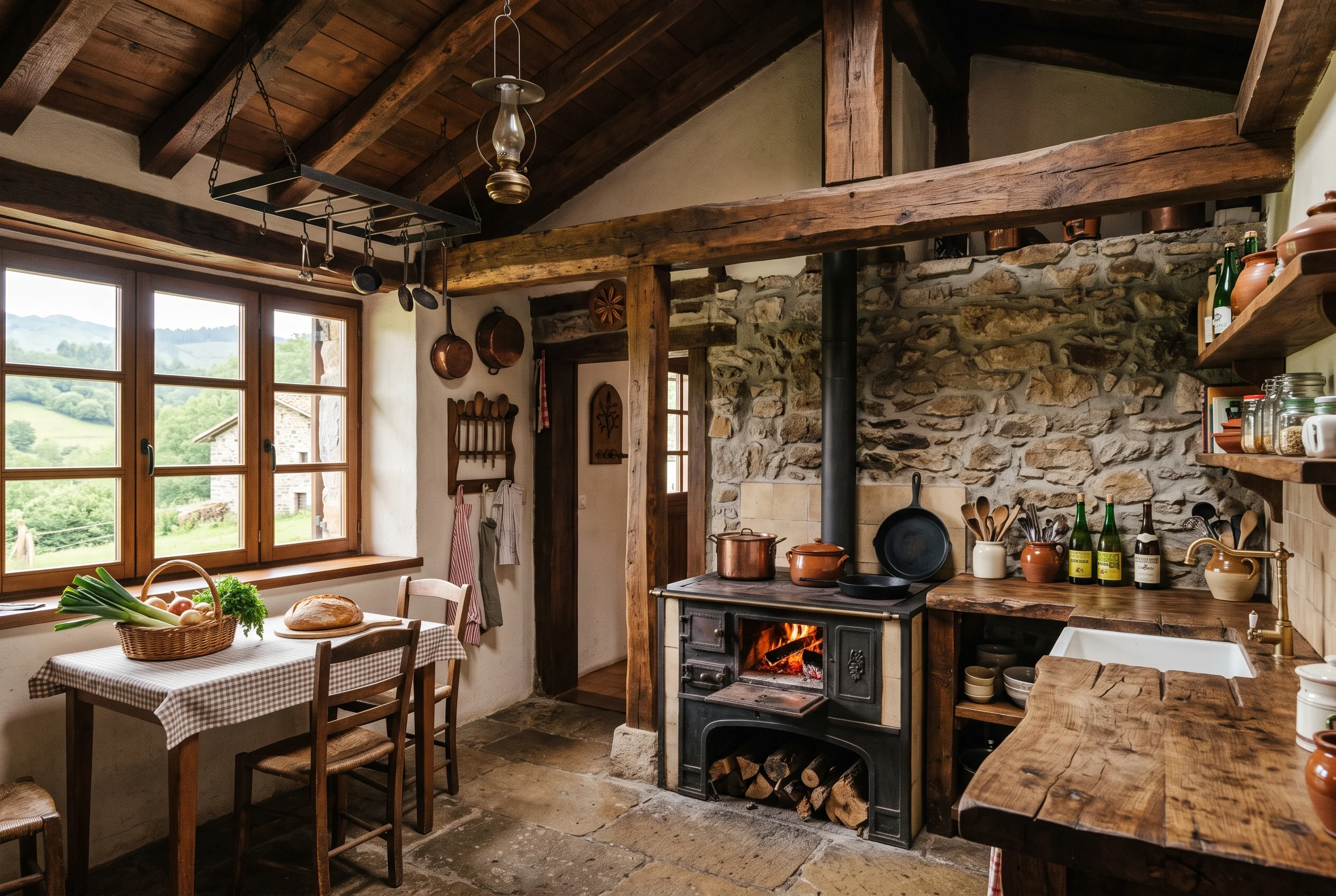 Cocina de caserío con vigas de madera - Reformar estructura de madera en Bizkaia