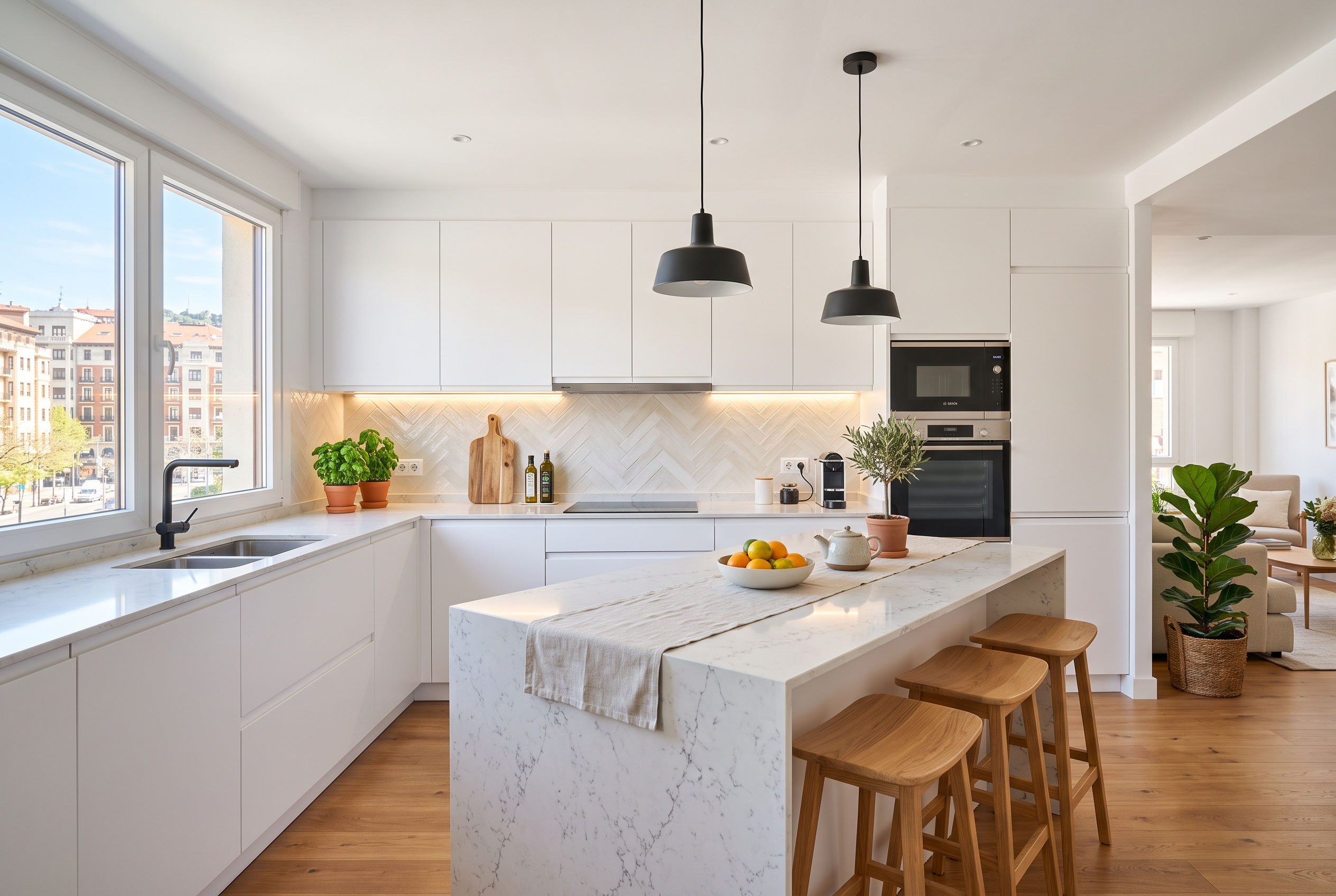 Cocina moderna reformada en Bizkaia con isla y acabados en blanco