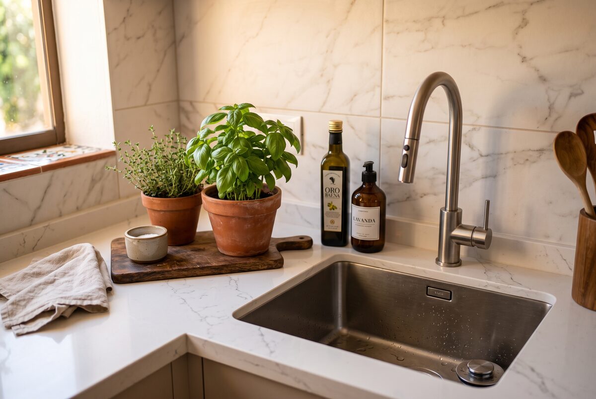 Detalle de encimera de cuarzo y muebles de cocina reformada