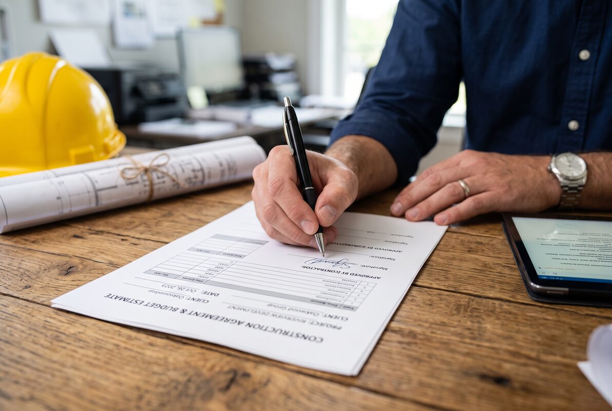 Firma de contrato de reforma sobre planos de obra