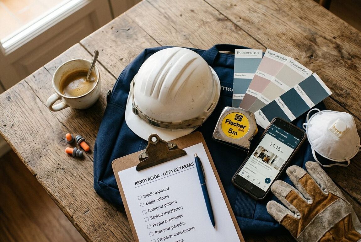 Kit de supervivencia para reforma: café, tapones, cinta métrica y planos