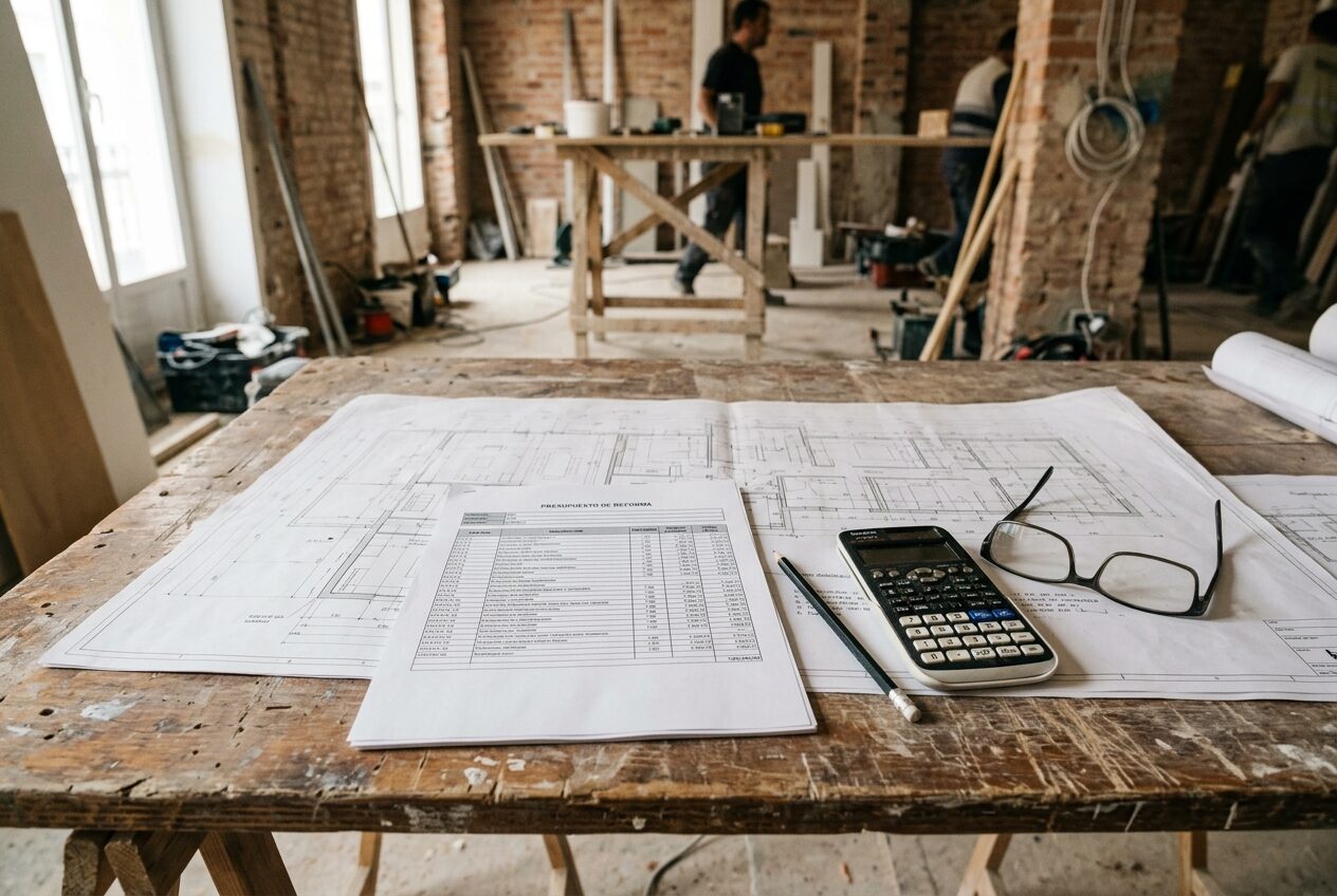 Presupuesto de reforma impreso sobre planos con calculadora