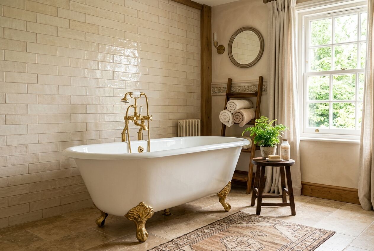 Bañera exenta clásica en un baño luminoso y acogedor