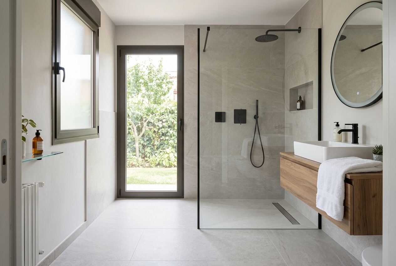 Ducha de obra a ras de suelo con mampara de cristal en un baño reformado
