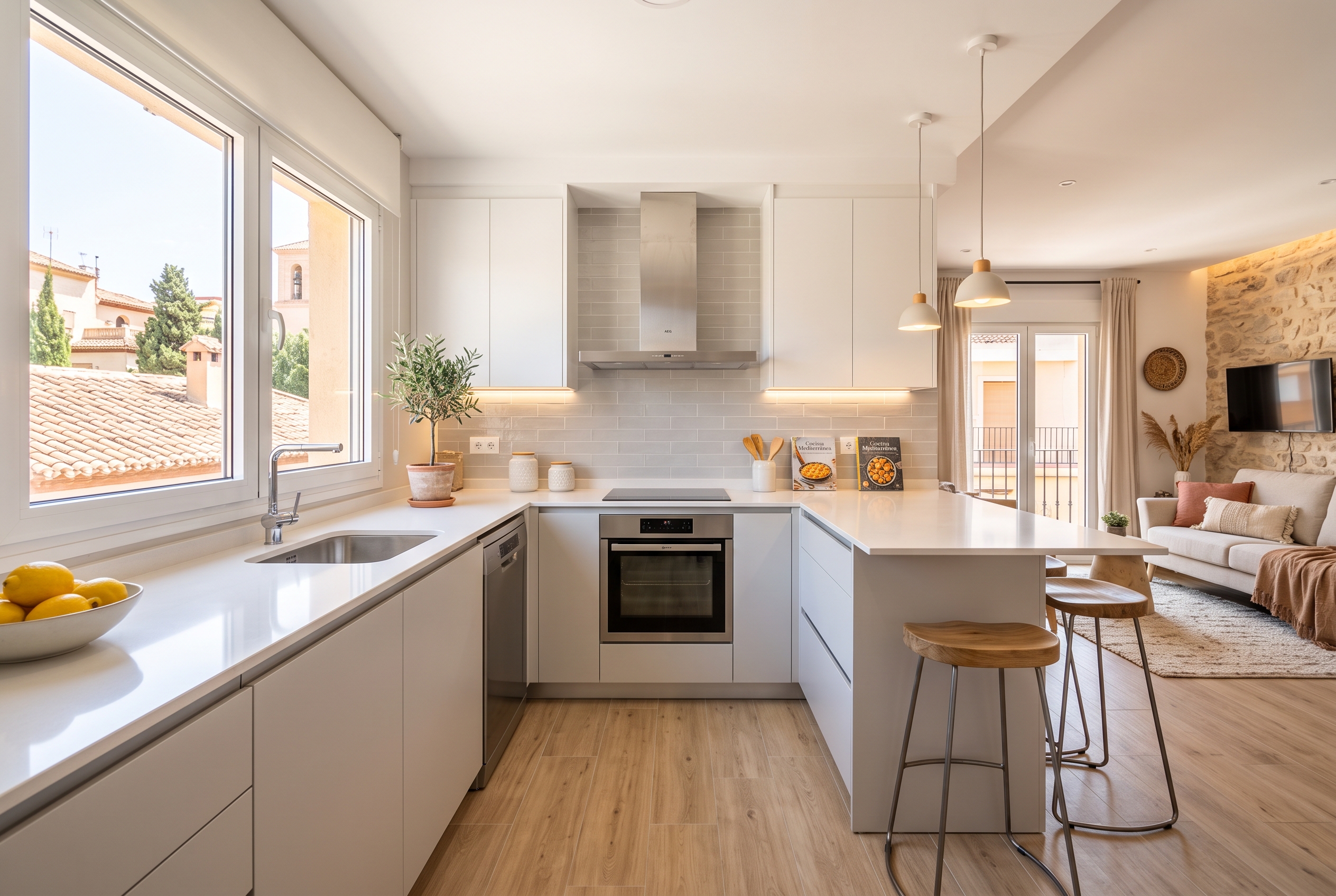 Cocina reformada con encimera de cuarzo, campana extractora y luz natural en reforma integral de 70m² - ISAR Reformas Bizkaia
