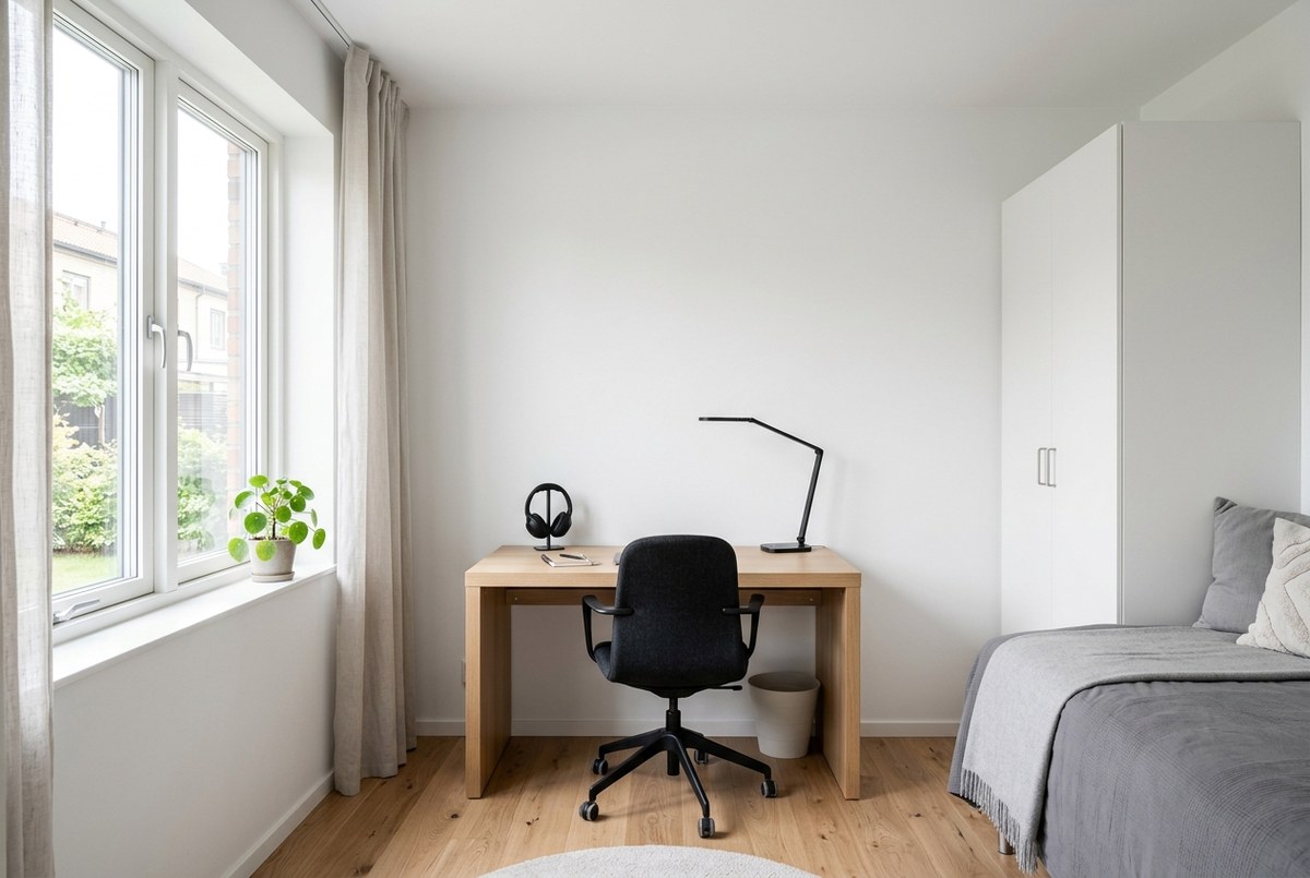 Habitación de adolescente reformada con escritorio de estudio junto a la pared medianera