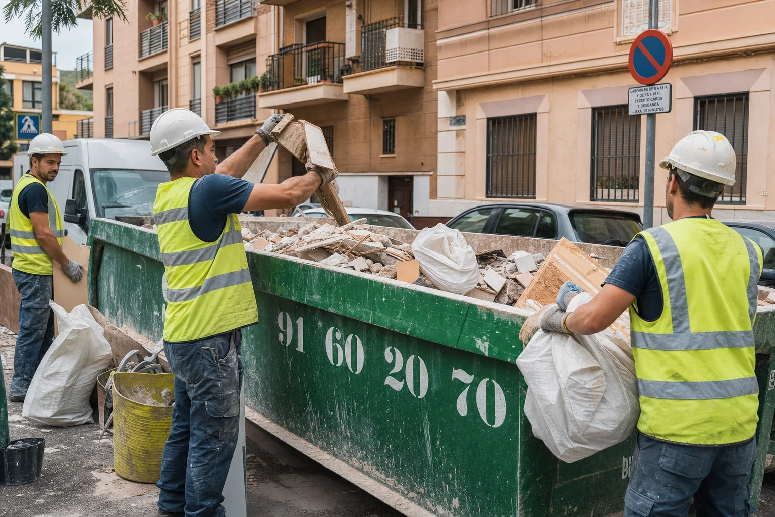Obreros en contenedor de escombros durante reforma - ISAR Reformas